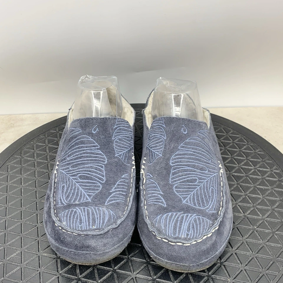 Olukai Nohea Shoes Women Size 9 Slippers Blue Leather Shearling Lined Loafers - Image 2 of 4