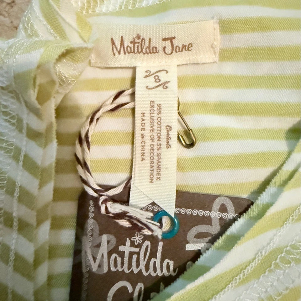 Camiseta Matilda Jane Nueva con Etiquetas a Rayas Niñas Talla 8 Verde Blanco Manga Corta Bolsillo Top Foto 3 de 3