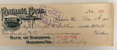 1912 Charles Ringling Signed Ringling Bros Check w/Photos of Sole Owner Brothers