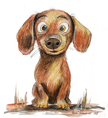 Originalbild Cartoon Dackel Kurzhaar Teckel Aquarell und Pastell (18,5 x 16 cm)