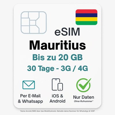 Mauritius eSIM Datentarif digitale e SIM - per Mail- ohne Telefon Nummer
