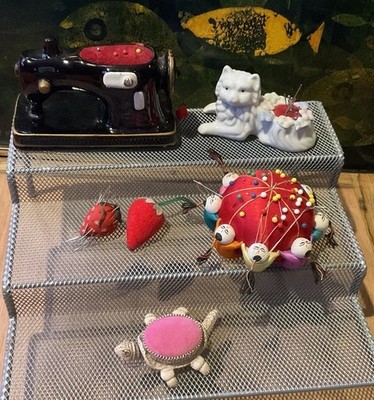 Vtg Sew Pin Cushion Lot - Nodding Metal Turtle, Ceramic Sewing Machine, Cat +