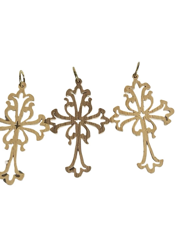 Set of 3 Wood Cross Pendants Wooden Charms Crafts Laser Cut Outs Hanger 3" - Image 2 of 4