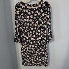 Tommy Hilfiger Black White Floral 3/4 Bell Sleeves Shift Midi Dress Size 6