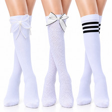 Women  s Knee High Socks White Bow Lace Striped Preppy Coquette
