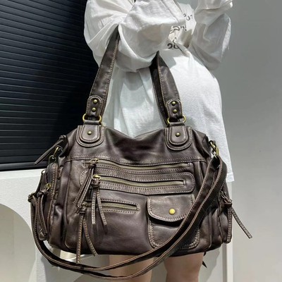 Damen Umhängetasche Umhängetasche Vintage gewaschenes Leder Motorradtasche
