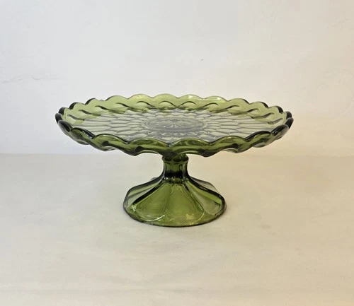 Vintage 70s MCM Anchor Hocking Fairfiels Avocado Green Ruffled Rim Pedestal Cake