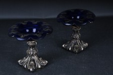 2 antike Silber Kaviar-Fu&szlig;Sch&auml;lchen Biedermeier Deutschland Schalen blauen Glas