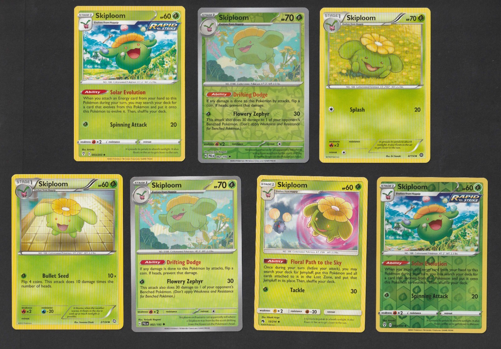 Skiploom Pokemon Card Collection Set of 7 English Cards Cute Reverse Holo Grass