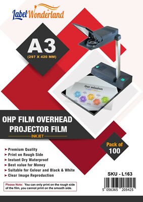A3/A4 OHP Tintenstrahl und Laserjet Farbe klar Acetat transparent Mikron 115/100
