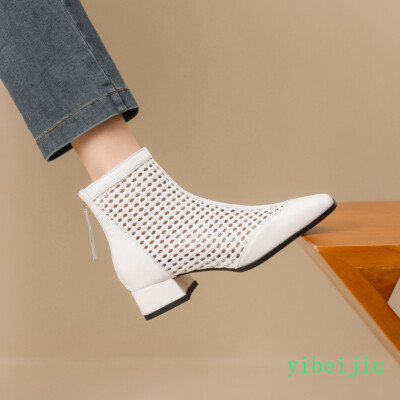 Women's Hollow Out Mesh Chunky Heel Ankle Boots Real Leather Weave Shoes Pumps