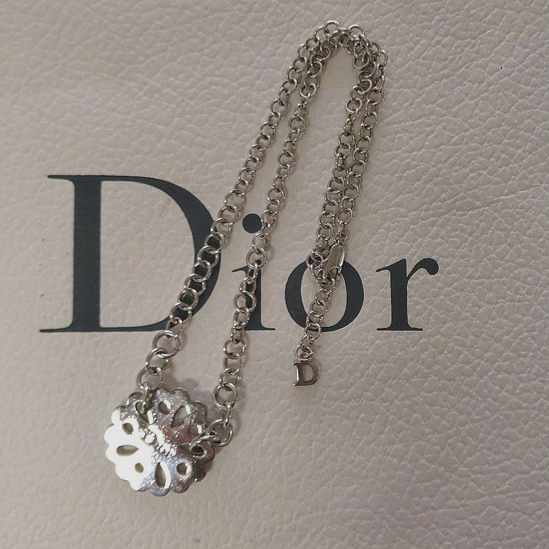 Christian Dior Necklace 41cm Chain Silver Clover Motif Charm 2.8cm