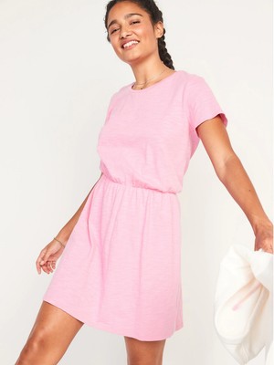 Pink Waist-Defined Slub-Knit 