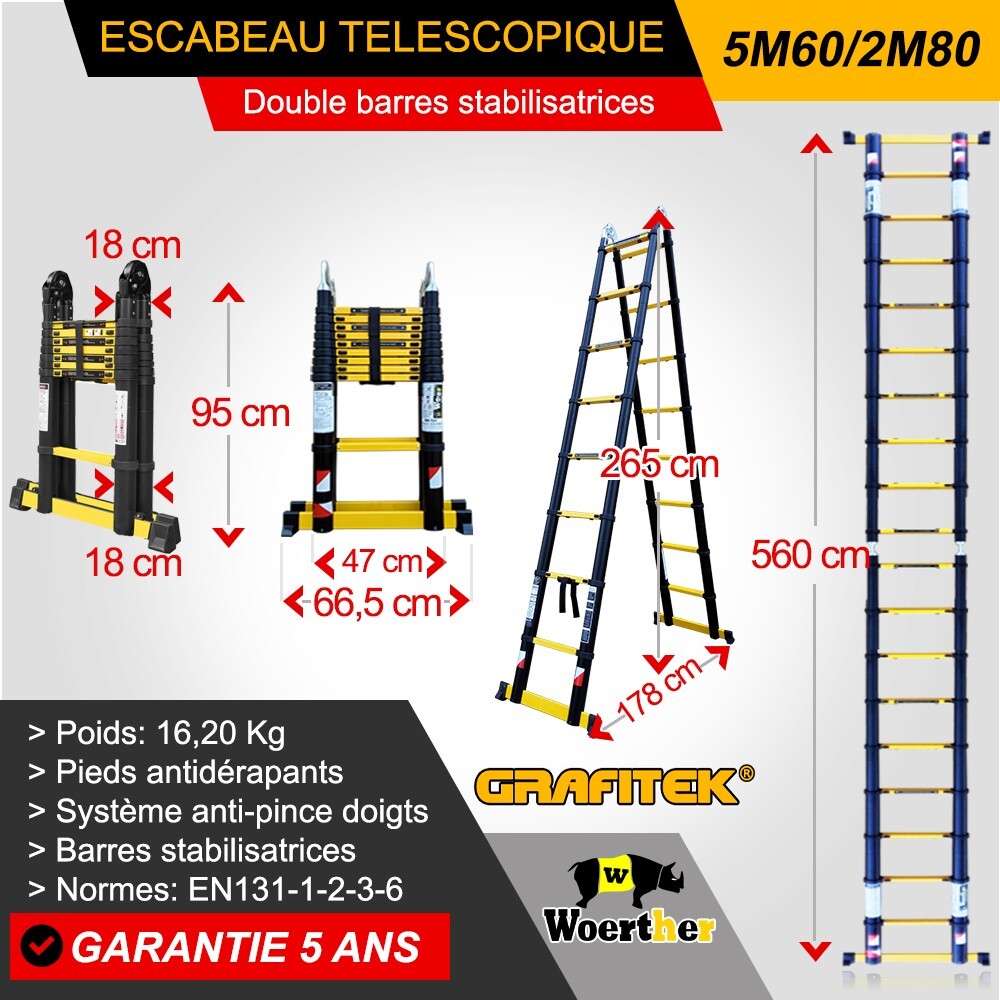 Échelle télescopique double 5m60 en aluminium 7175T6 rigide avec housse de rangement