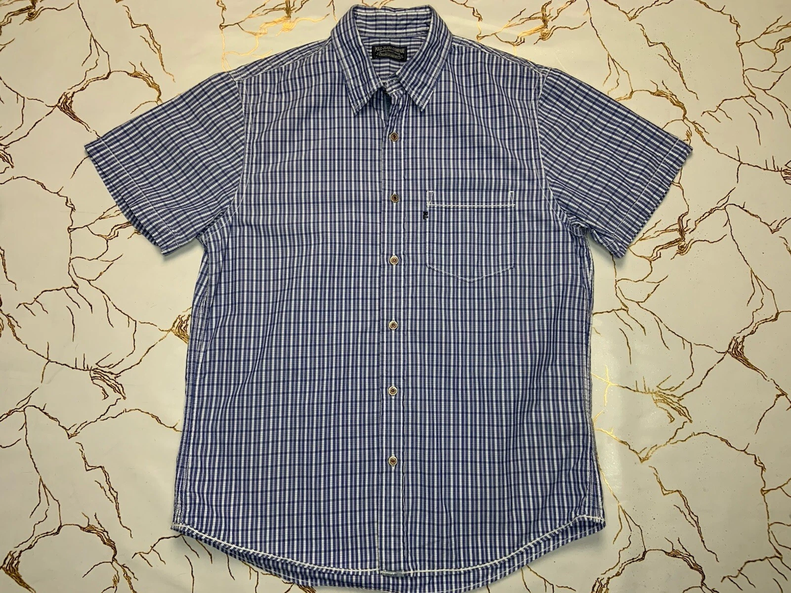 Polo Jeans Company Men Blue Check Button Up Shirt Size Medium Pocket Logo