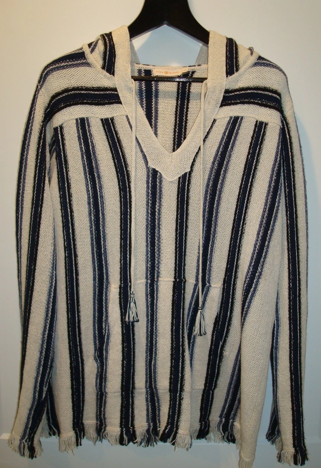 Felpa con cappuccio pullover GUC Tory Burch taglia Med Runway Baja misto lino tunica righe blu