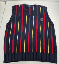 Polo Ralph Lauren Sweater Vest Mens L Navy Blue Stripe Polo Tennis Logo VTG