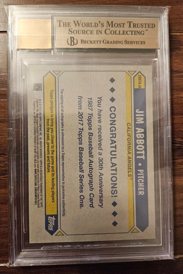 2017 Topps Jim Abbott 1987 年 Topps 亲笔签名 BGS 9.5 带 10 个签名罕见! — 第 2/2 张图片