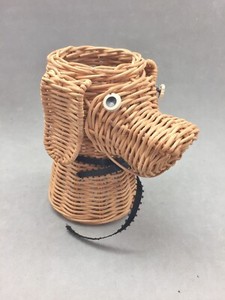 Vintage Rattan Wicker Woven Basket Dog Head Holder 5.5" Button Eyes Pup Long Ear
