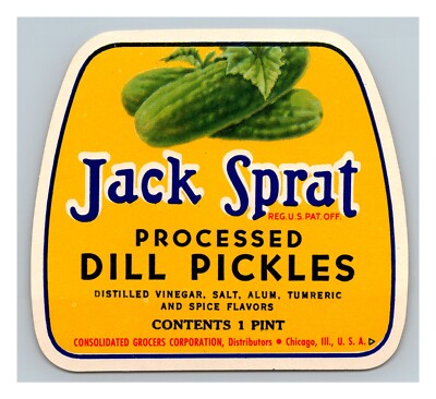 Jack Sprat Dill Pickles 1 Pint 1950's Advertising Label Consolidated Grocers