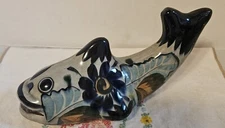 Large Tonala Mexican Pottery Fish Figurine Hand Painted Folk Art Signed 8"
