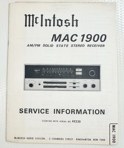 ORIGINAL McINTOSH MAC 1900 Stereo Receiver SERVICE INFO MANUAL +Instructions VG