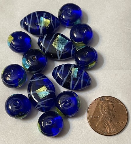 Lot Of 13 Vintage Lampwork Foil Leaf Glass Cobalt Blue Beads - Picture 2 of 4