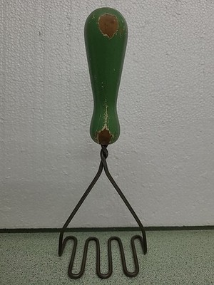Antique Green Wood Handle Kitchen Masher Gadget