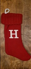 Red Sweater Knit Christmas Stocking White Letter H Initial H Monogram NWOT