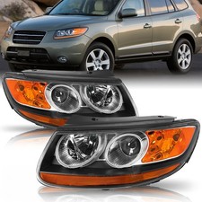 Headlights For 2007-2012 Hyundai Santa Fe 6pin Halogen Black Amber Headlamps 2PC