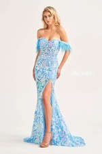Ellie Wilde EW34034 Feather Trim sz 4 Sky Blue Gown Lace Corset Slit Prom 890