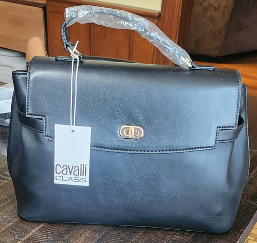 Cavalli Class Large Black Satchel Top Handle Gold Hardware Strap Dust Bag