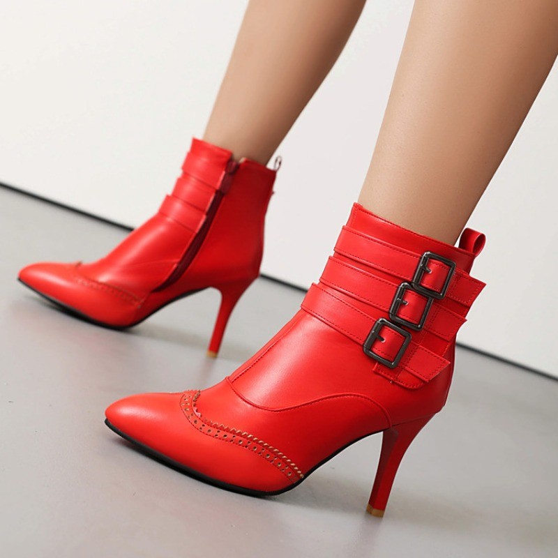 Women Rivet Pointy Toe Leather Side Zipper Buckle Ankle Boots Fashion Club Shoes
