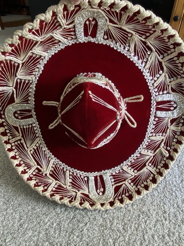 Vtg Authentic Pigalle Mexican Horseshoe Sombrero XXXXX Red Velvet Sequin Mexico