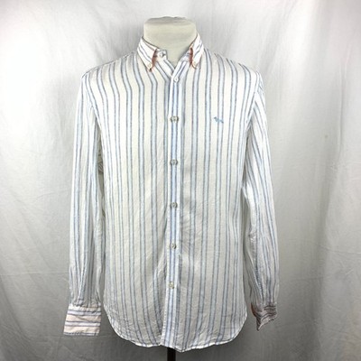 Harmont & Blaine 100% Linen Shirt L Blue White Striped Button Down Mens EU Made