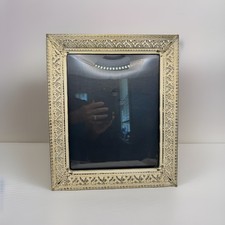Vtg Whitewash Gold MCM Metal Filigree Ornate Picture Frame Cottage Chic 8x10”