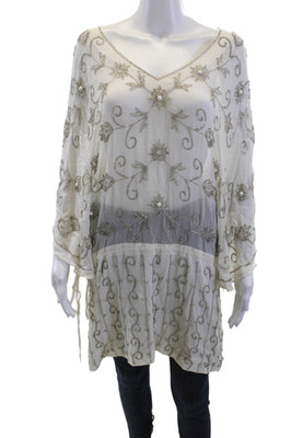 Karina Grimaldi Womens Tunic Blouse White Silk V-Neck 3/4 Sleeve Floral Size M