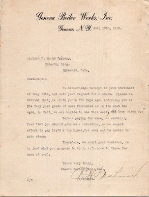 1923 Geneva NY Boiler Works Coal Dispute Business Letter Syracuse Ephemera