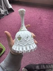 Fenton Violets in the Snow Milk Glass Bell - Silver Crest - Signed A. Busch