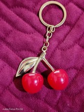 Cute Red Cherry Fruit Keychain Gold Leaf Bag Purse Charm Jewelry Keyring Gift