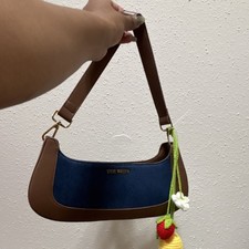Steve Madden Blue Brown Crescent Shoulder Bag Gold Hardware Bag Charm