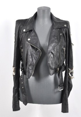 Alessandra De Tomaso Womens Black Shark Beaded Cropped Leather Jacket Size S