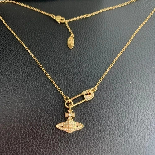 Vivienne Westwood Orb Safety Pin Necklace Gold Chain Pendant Z061