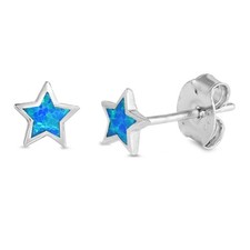Sterling Silver Mini Blue Opal Star Stud High Polished Earrings Push Back 925