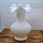 Vintage Fenton Milk Glass Hobnail Vase 11” White Ruffled Crimped Edge Decor MCM