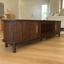 Mid Century Modern Low Profile TV Stand Fluted Dark Brown Media Console Cabinet