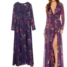 Mac Duggal Floral Plunge Neck Slit Ruched Long Sleeve Gown Dress Purple Size 8