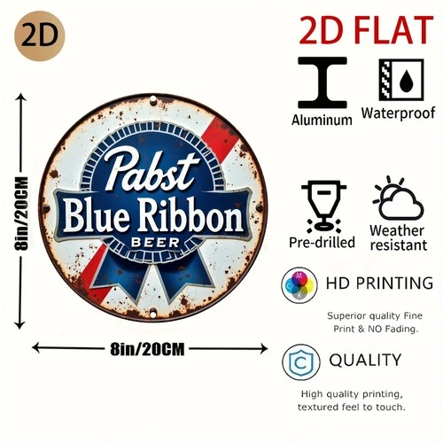 Vintage Pabst Blue Ribbon Beer Circular Tin Metal Signs Home Décor 8x8