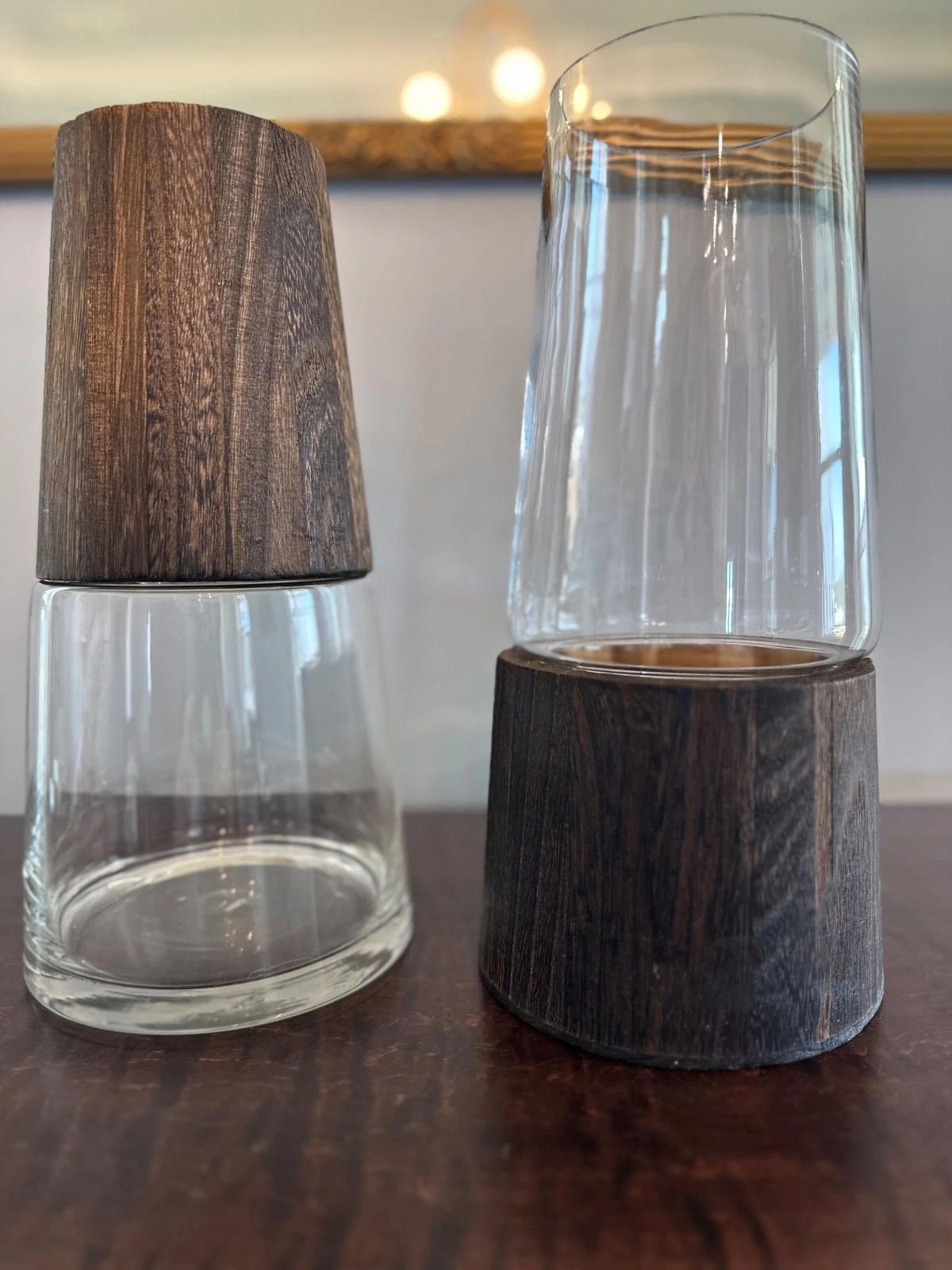 Tapered Clear Glass Vases with Natural Wood Accent—set of 2-Great Condition