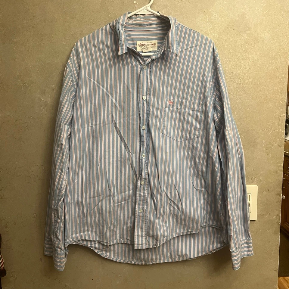 Camisa de Vestir Aeropostale Vintage L Abotonada Azul Rayas Manga Larga Algodón Foto 4 de 4